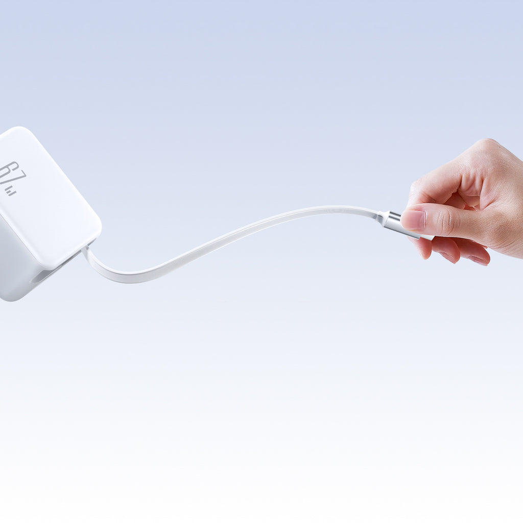 Joyroom JR-TCL06 67W GaN sieninis įkroviklis su integruotu įtraukiamu USB-C laidu - baltas