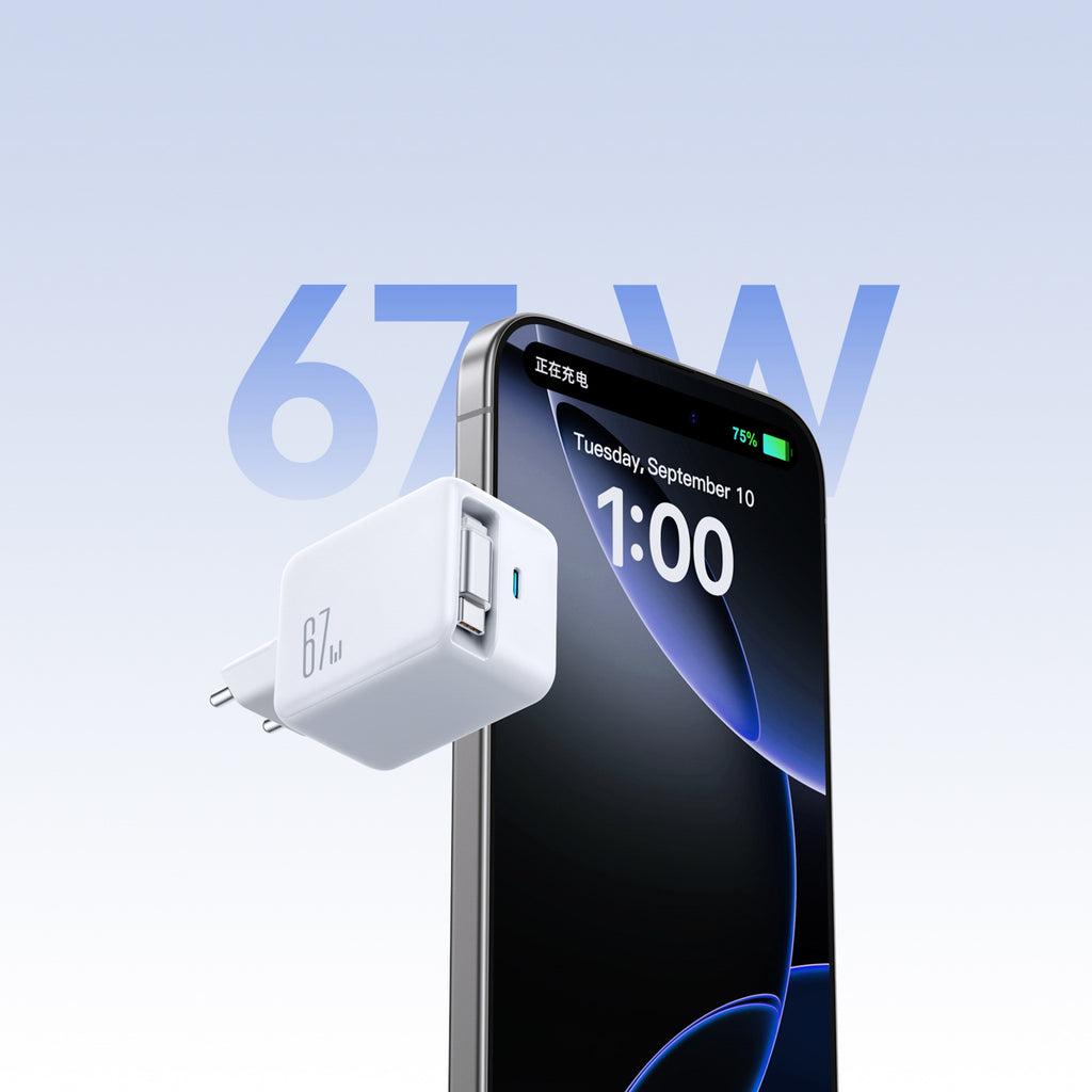 Joyroom JR-TCL06 67W GaN sieninis įkroviklis su integruotu įtraukiamu USB-C laidu - baltas
