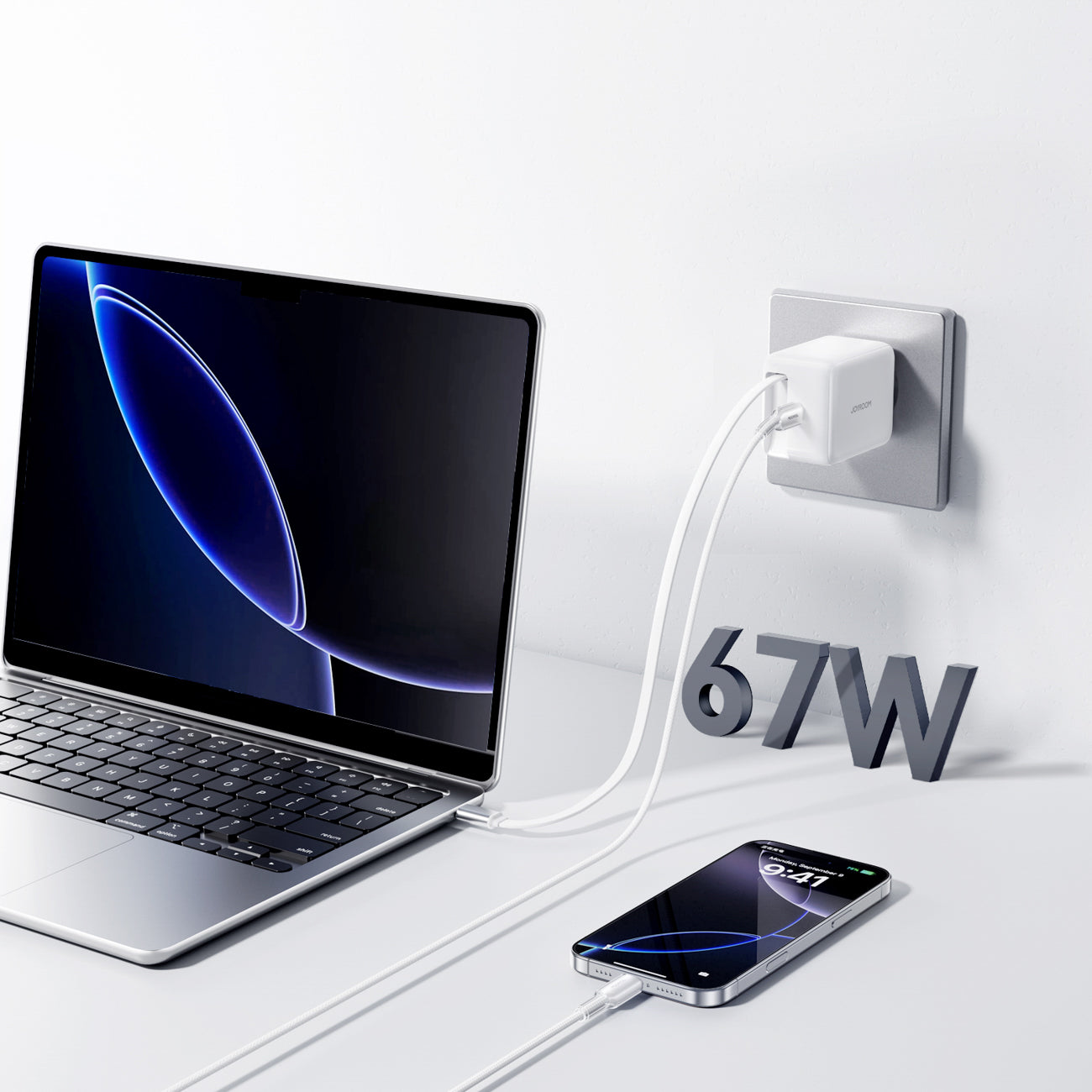 Joyroom JR-TCL06 67W GaN sieninis įkroviklis su integruotu įtraukiamu USB-C laidu - baltas