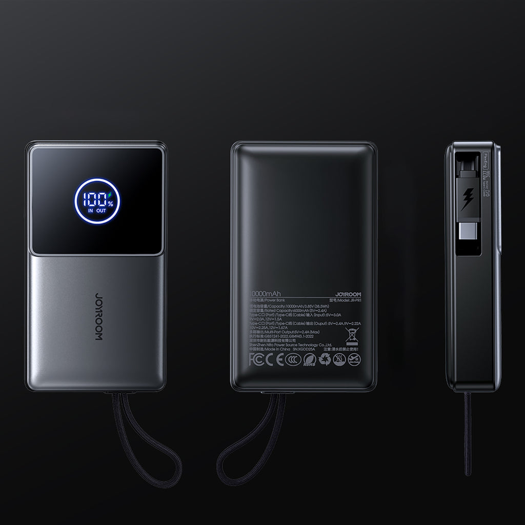 Joyroom išorinė baterija JR-PR1 10000mAh 22.5W su integruotu ištraukiamu USB-C laidu juoda