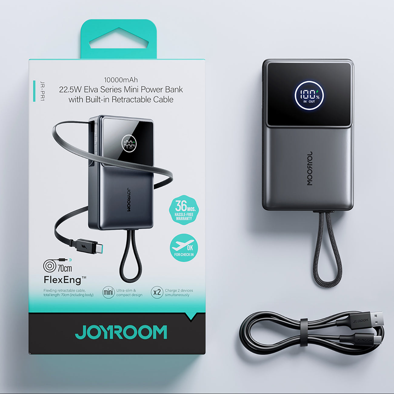 Joyroom išorinė baterija JR-PR1 10000mAh 22.5W su integruotu ištraukiamu USB-C laidu juoda