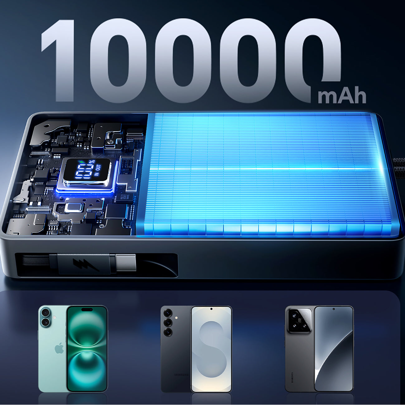 Joyroom išorinė baterija JR-PR1 10000mAh 22.5W su integruotu ištraukiamu USB-C laidu juoda