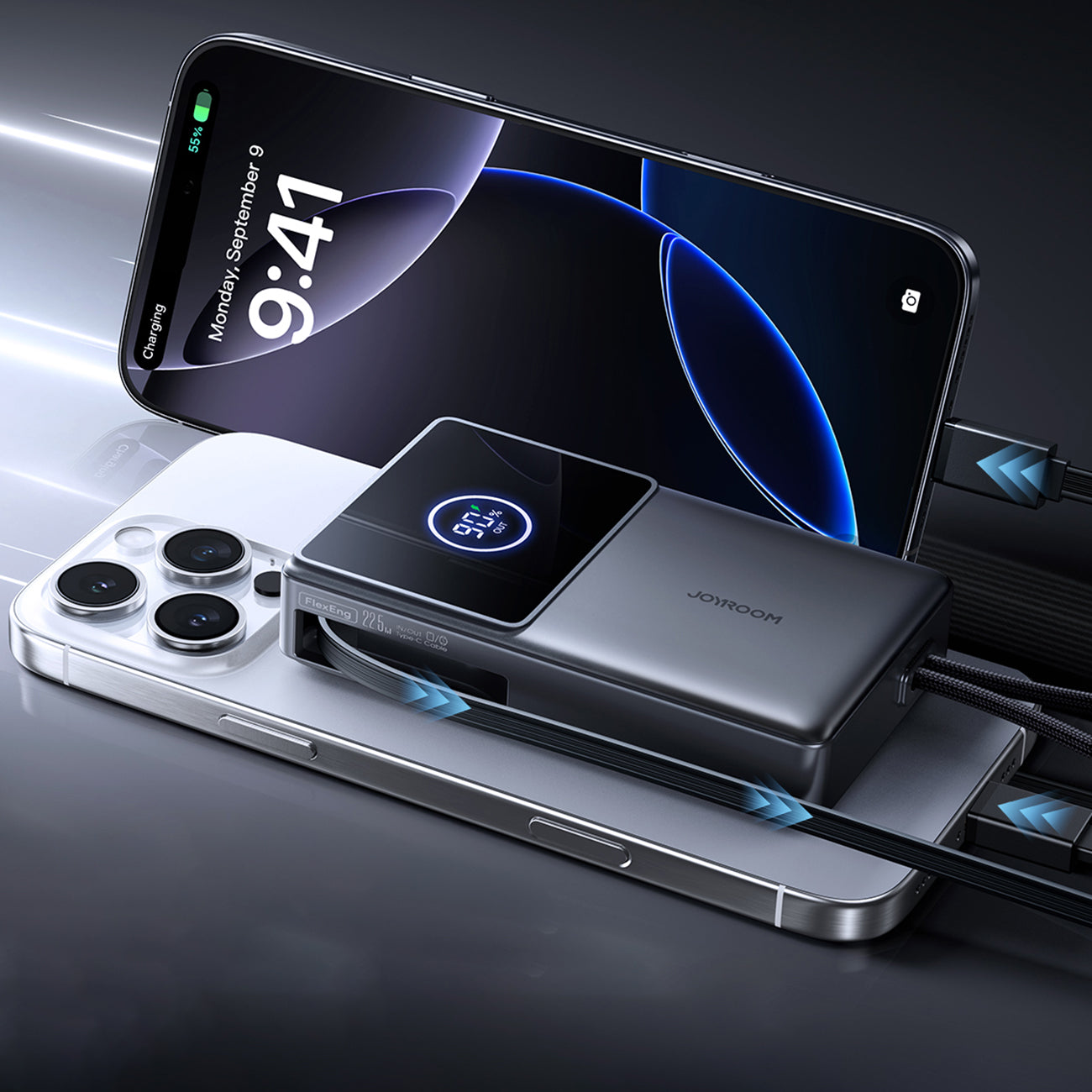 Joyroom išorinė baterija JR-PR1 10000mAh 22.5W su integruotu ištraukiamu USB-C laidu juoda