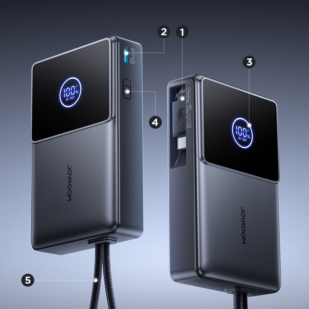 Joyroom išorinė baterija JR-PR1 10000mAh 22.5W su integruotu ištraukiamu USB-C laidu juoda