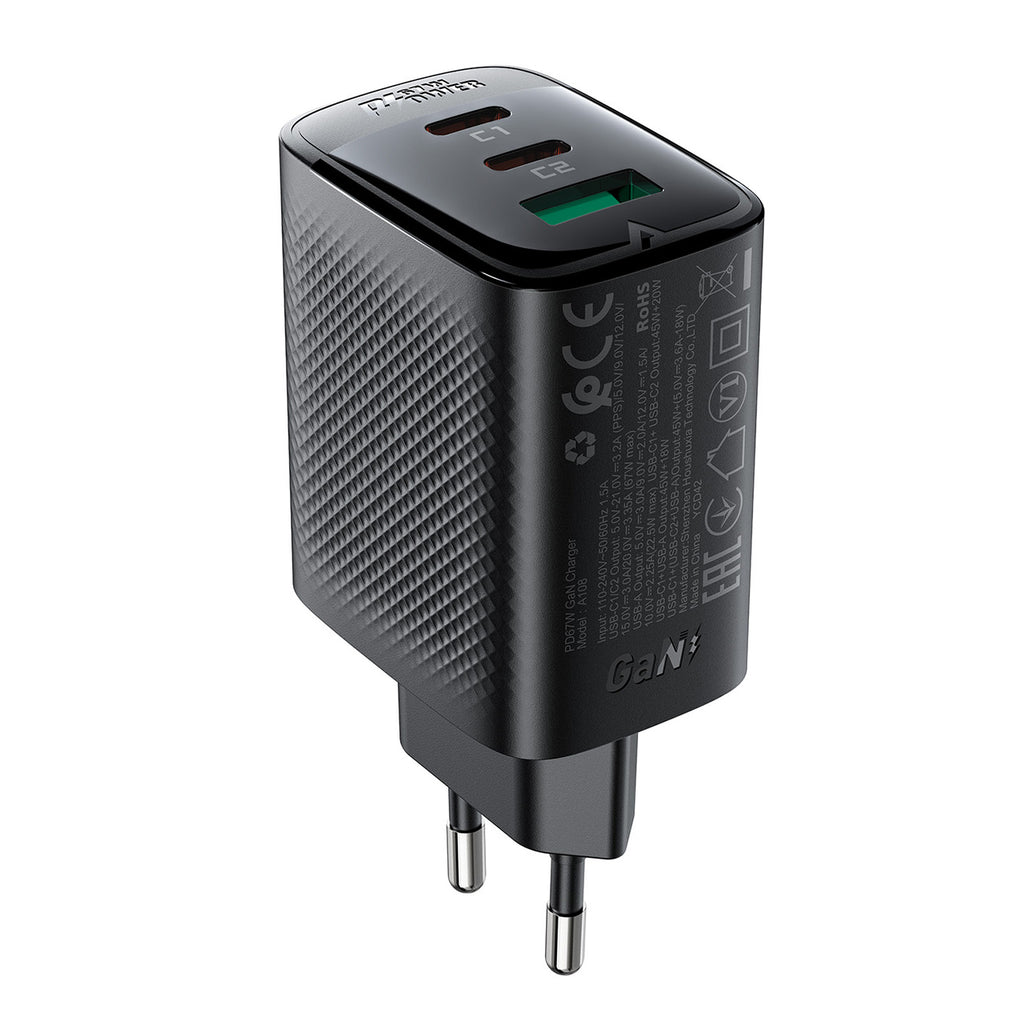 Acefast A108 GaN PD 67W 2xUSB-C 1xUSB-A Sieninis įkroviklis - Juodas -- Cell phone chargers