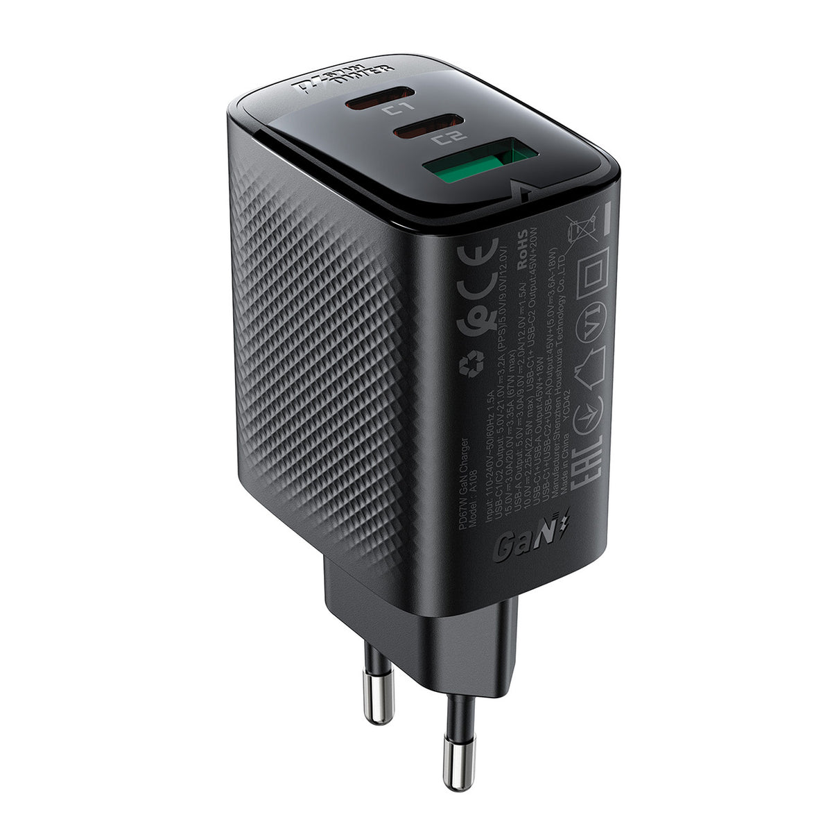 Acefast A108 GaN PD 67W 2xUSB-C 1xUSB-A Sieninis įkroviklis - Juodas -- Cell phone chargers