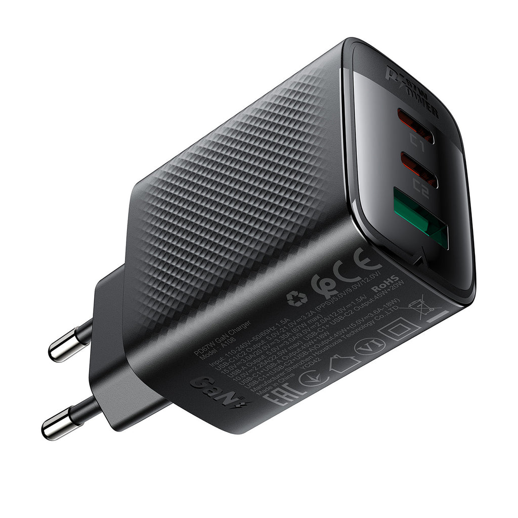 Acefast A108 GaN PD 67W 2xUSB-C 1xUSB-A Sieninis įkroviklis - Juodas -- Cell phone chargers