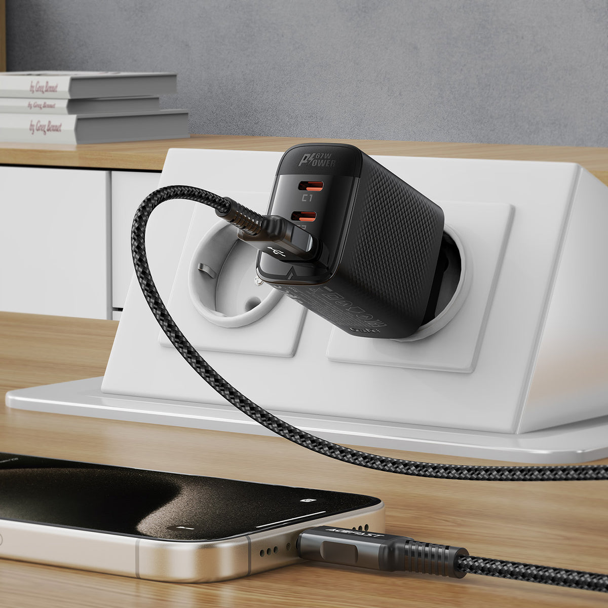 Acefast A108 GaN PD 67W 2xUSB-C 1xUSB-A Sieninis įkroviklis - Juodas -- Cell phone chargers