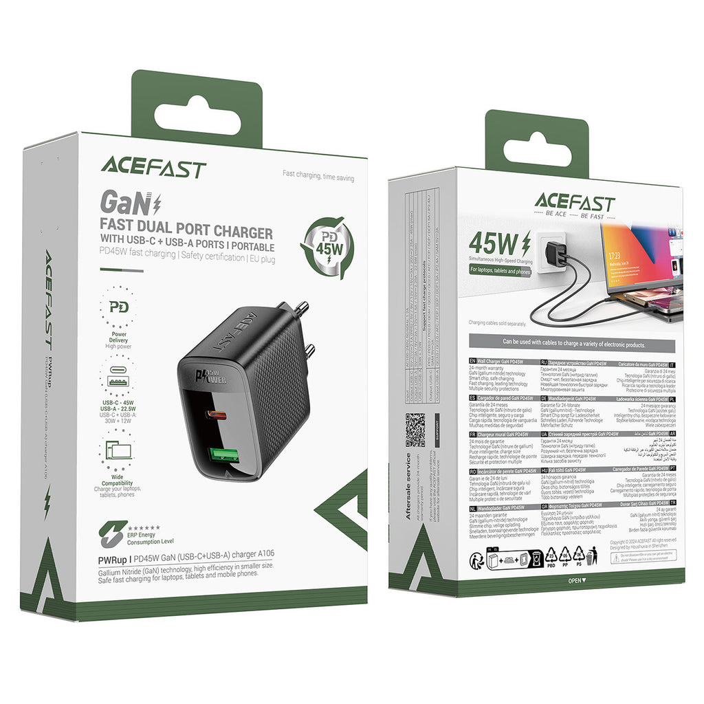Acefast A106 GaN PD 45W USB-C USB-A Sieninis įkroviklis - Juodas -- Cell phone chargers
