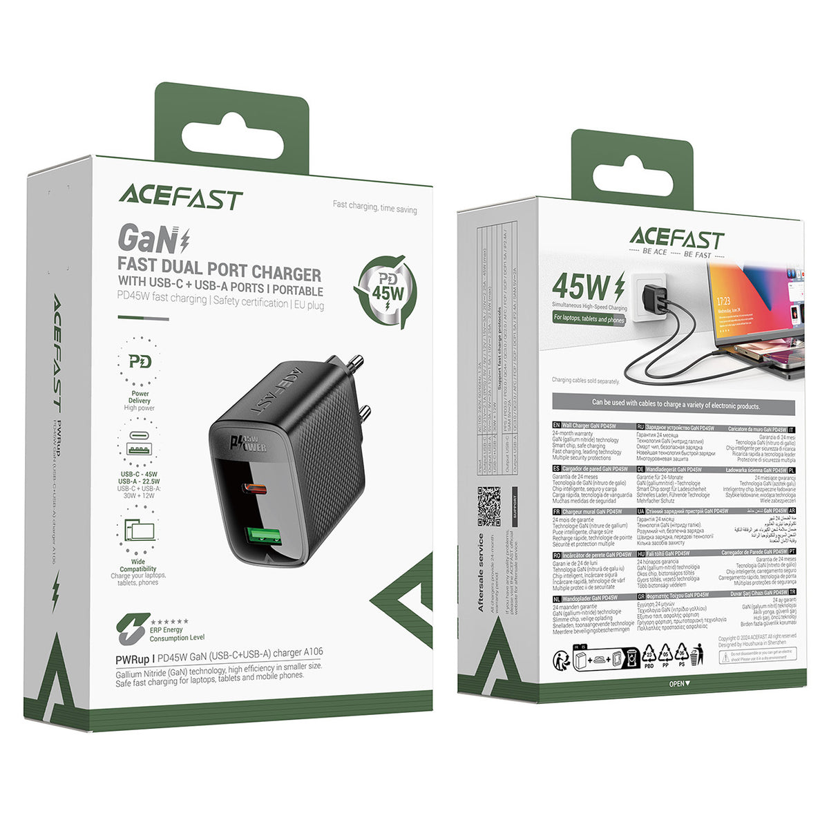 Acefast A106 GaN PD 45W USB-C USB-A Sieninis įkroviklis - Juodas -- Cell phone chargers