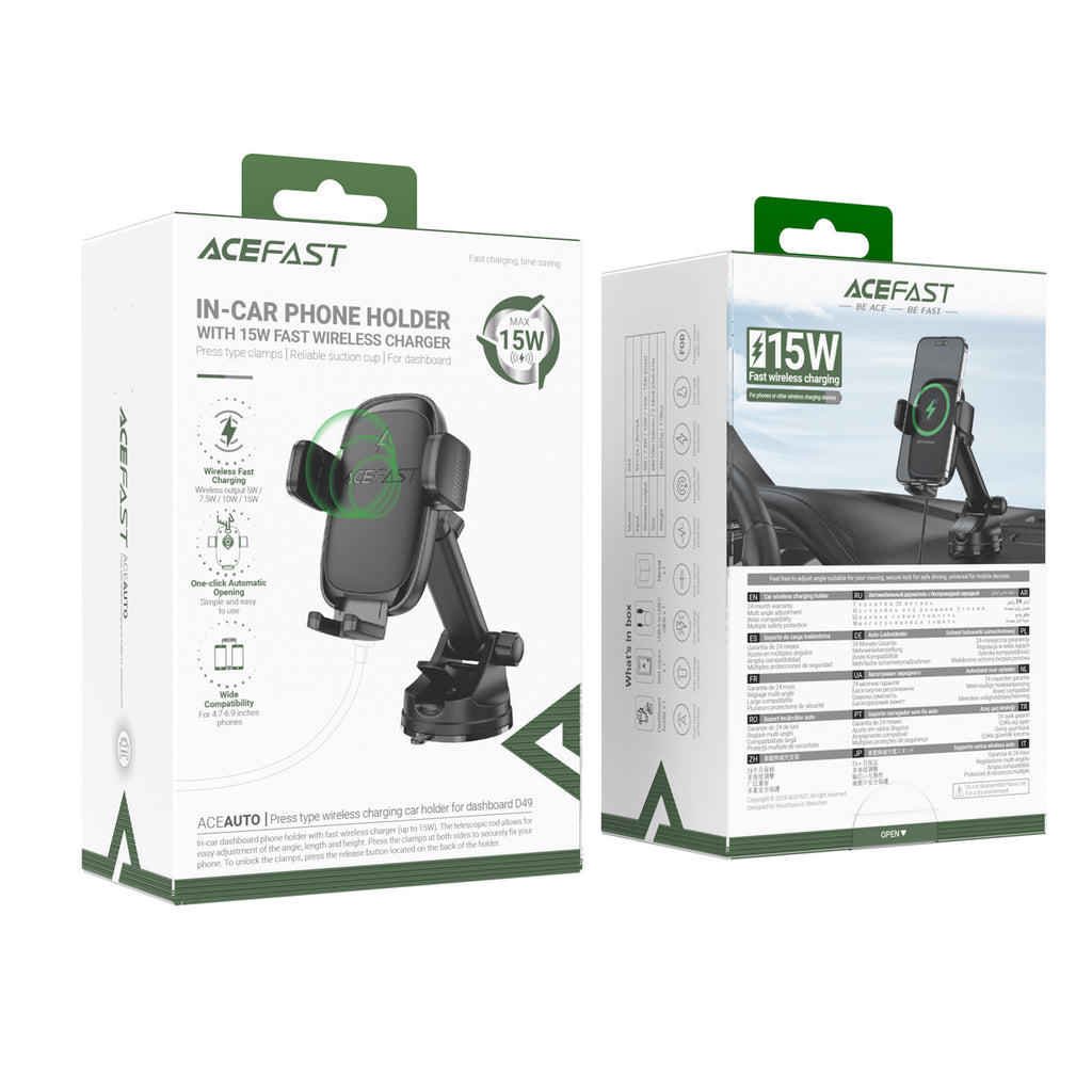 Acefast D49 Automobilinis laikiklis su Wbelaidžiu prietaisų skydelio įkrovikliu - juodas