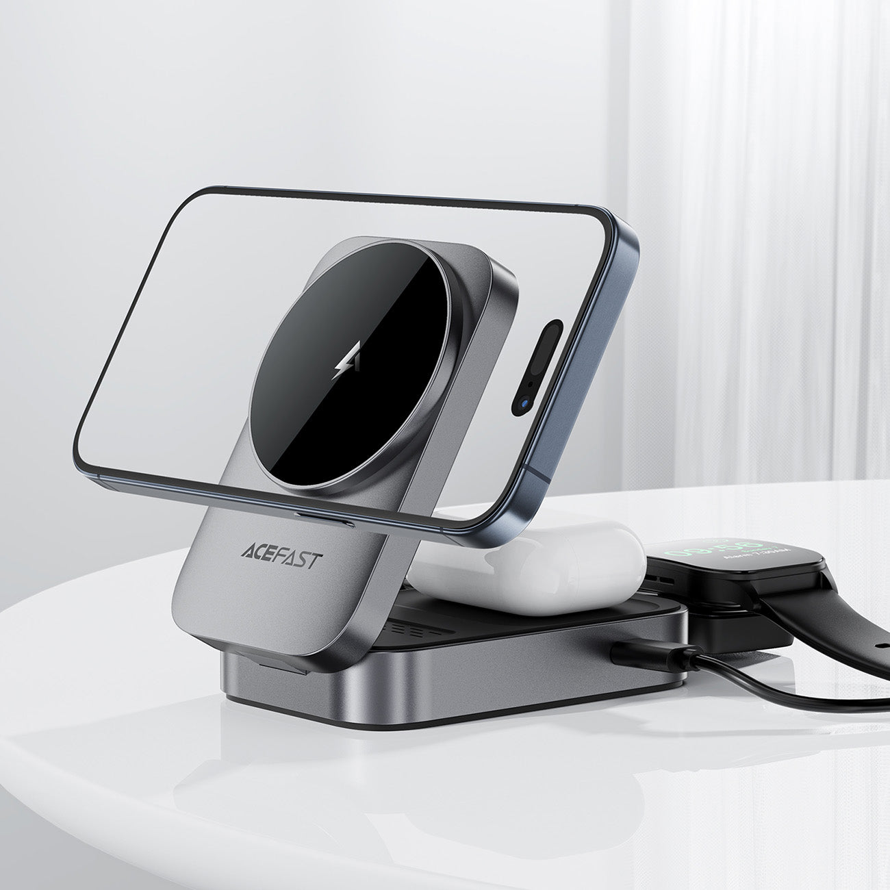 Acefast E22 3-in-1 bevielė indukcine įkrovimo stotis, suderinama su MagSafe - pilka -- Wireless chargers