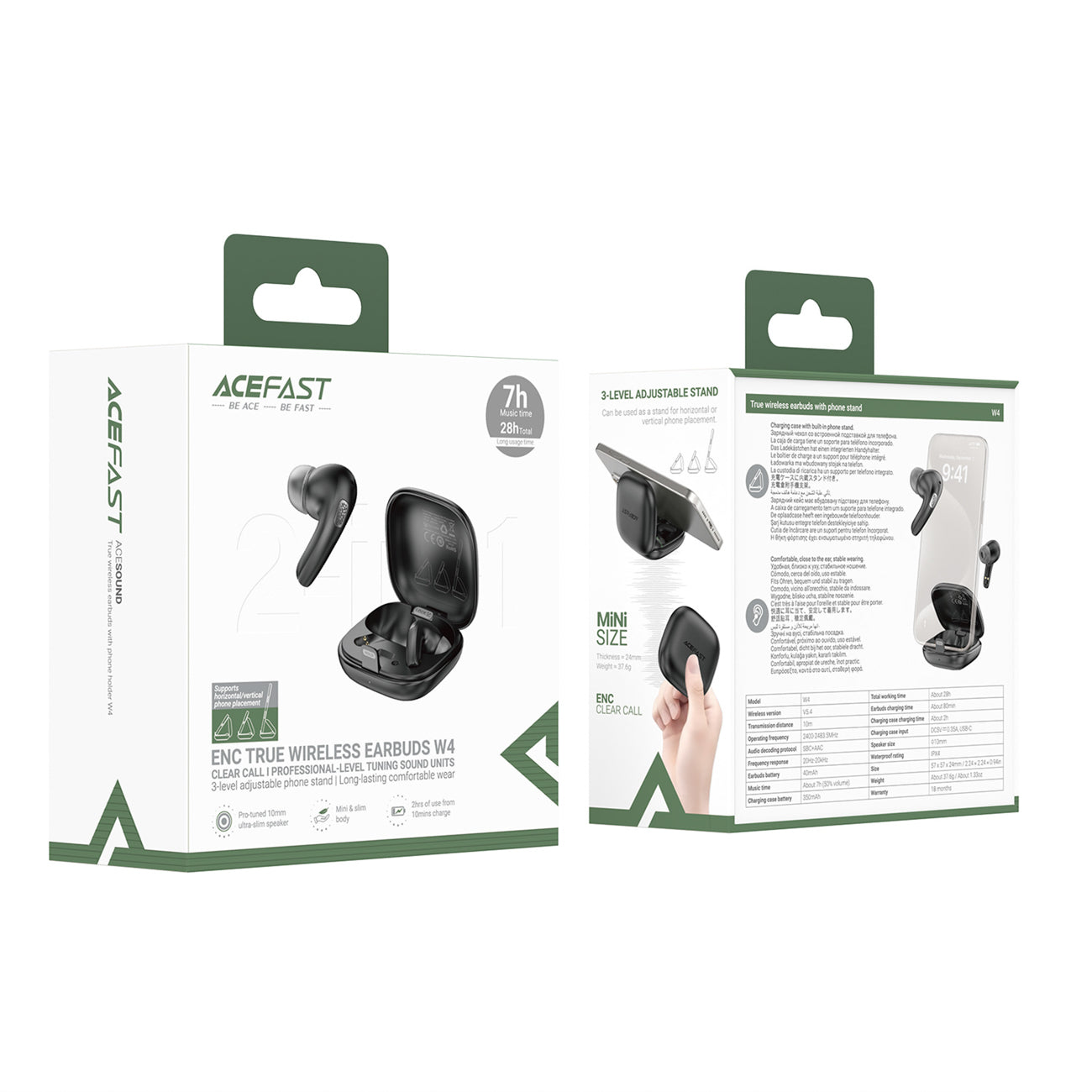 Acefast W4 TWS belaidės iš ausos ausinės su telefono stovo funkcija - juodos -- Headphones