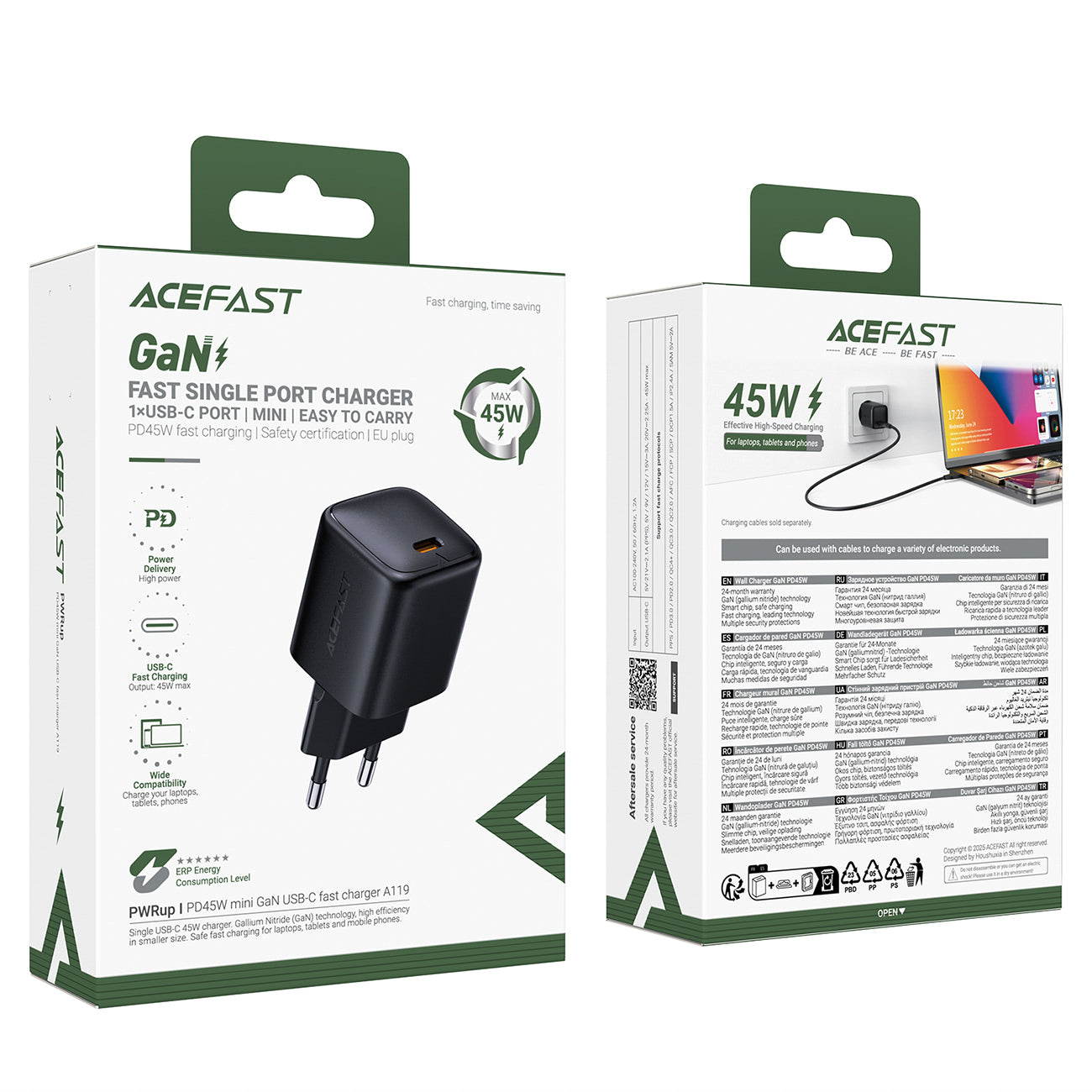Acefast A119 GaN PD 45W USB-C Sieninis Įkroviklis - Juodas -- Cell phone chargers