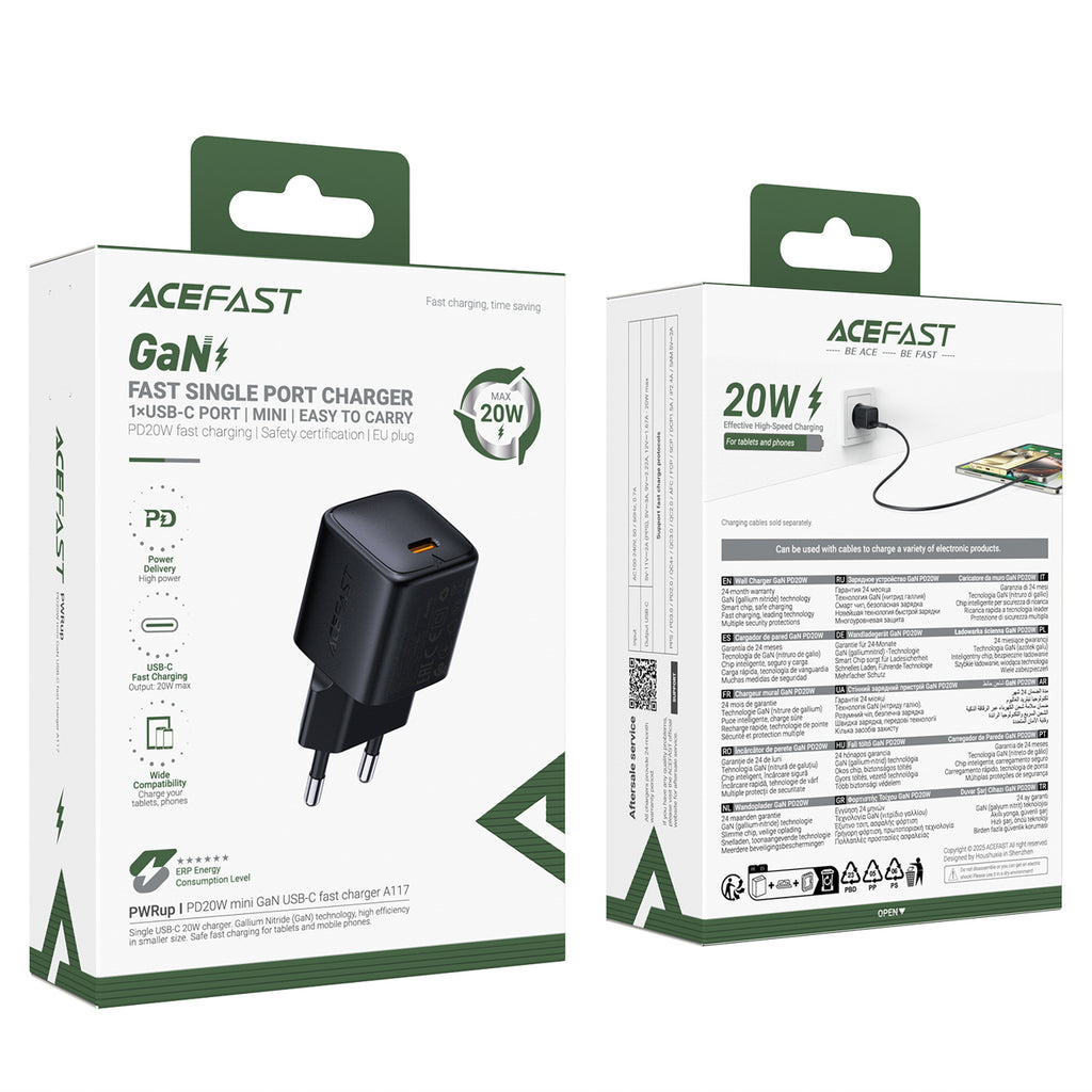 Acefast A117 GaN PD 20W USB-C Wvisas įkroviklis - juodas -- Cell phone chargers