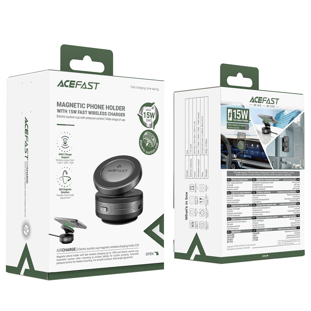 Acefast E29 Magnetinis laikiklis su Wbelaidžiu įkrovikliu su siurbimo taurele prietaisų skydeliui / Windshield - juodas