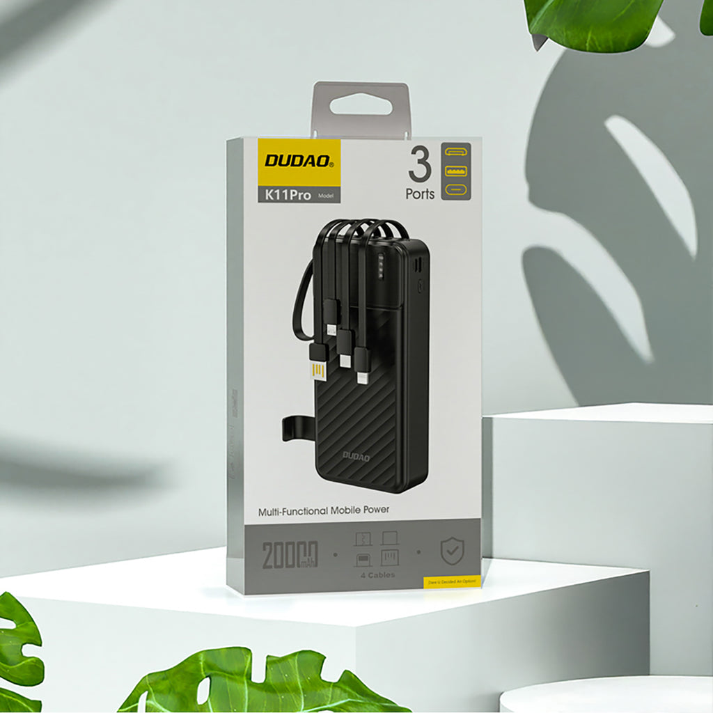 Dudao išorinė baterija K11 Pro 20000mAh su integruotais laidais juoda