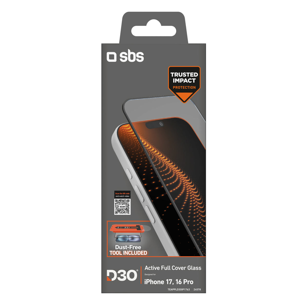 SBS protective glass with D3O technology set with applicator for iPhone 17 / iPhone 16 Pro