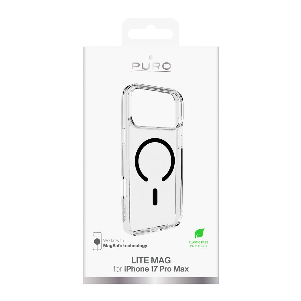 Puro Lite Mag TPU+PC dėklas, suderinamas su MagSafe, skirtas iPhone 17 Pro Max - Transparent with Black Ring