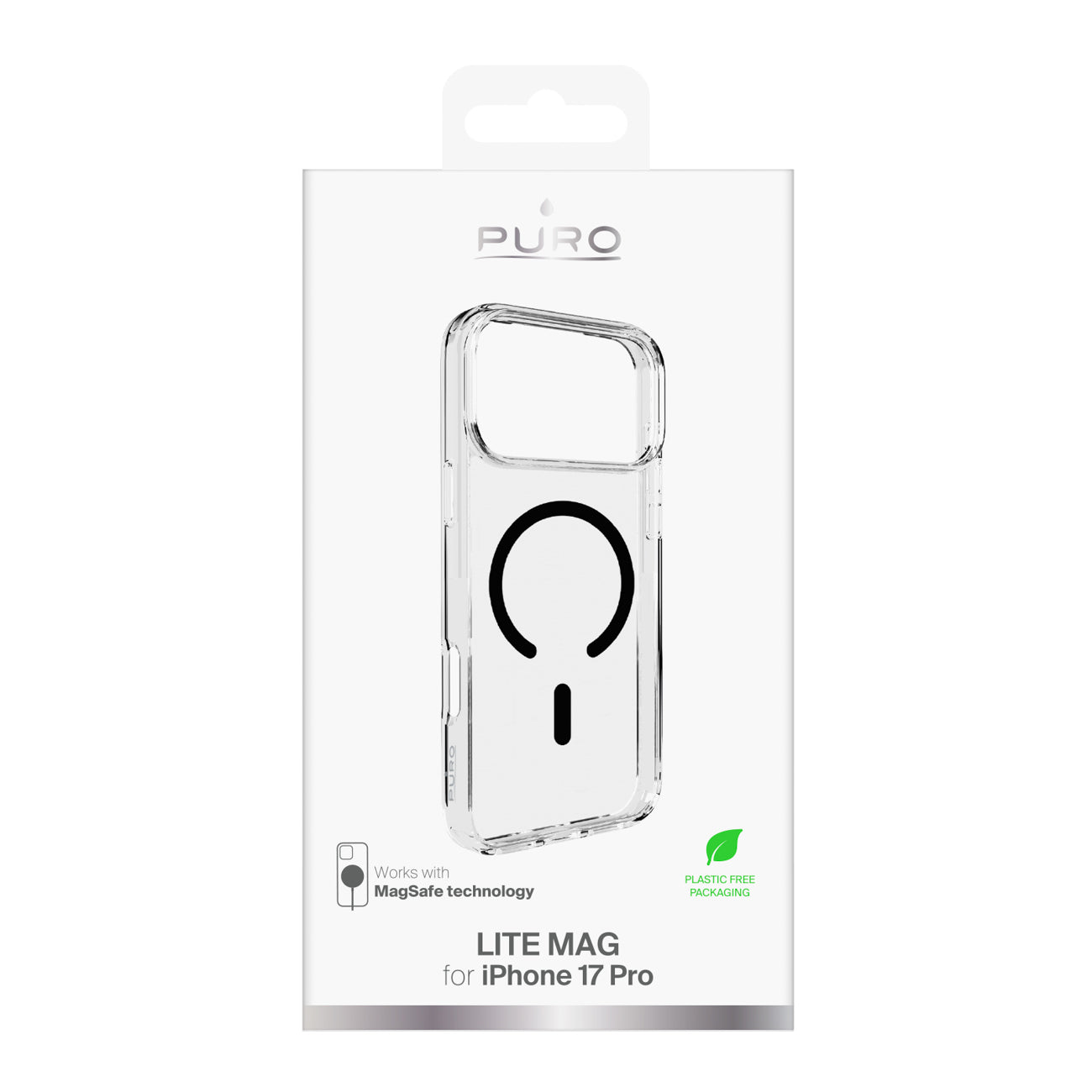 Puro Lite Mag TPU+PC dėklas, suderinamas su MagSafe, skirtas iPhone 17 Pro - Transparent with Black Ring