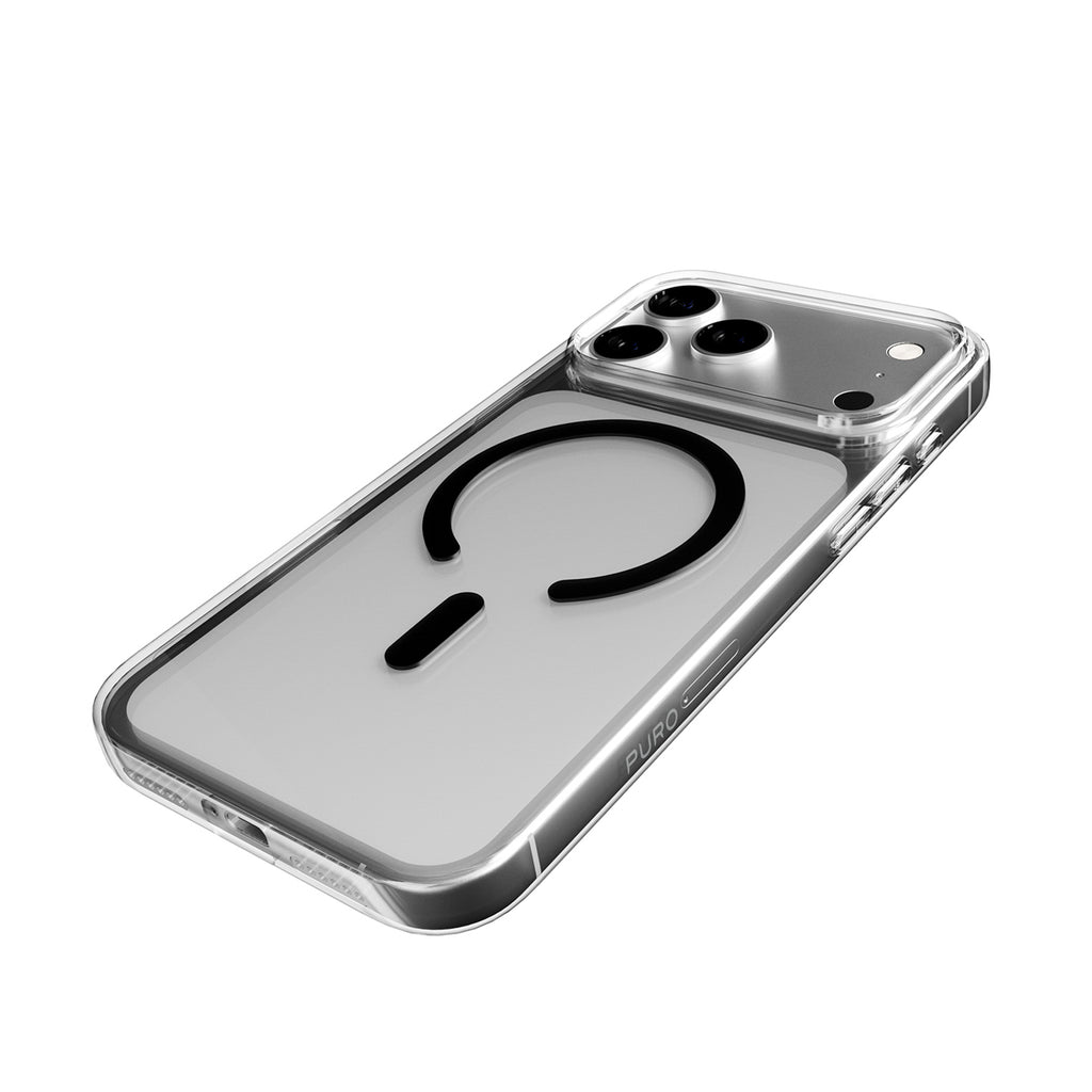 Puro Lite Mag TPU+PC dėklas, suderinamas su MagSafe, skirtas iPhone 17 Pro - Transparent with Black Ring