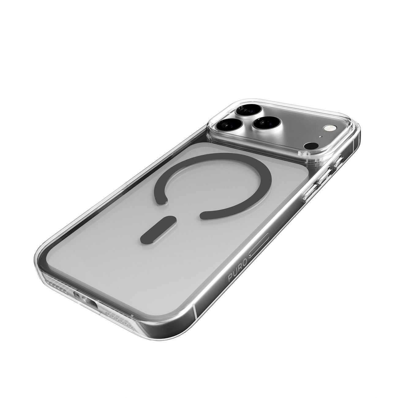 Puro Lite Mag TPU+PC dėklas, suderinamas su MagSafe, skirtas iPhone 17 Pro - Transparent with Gray Ring
