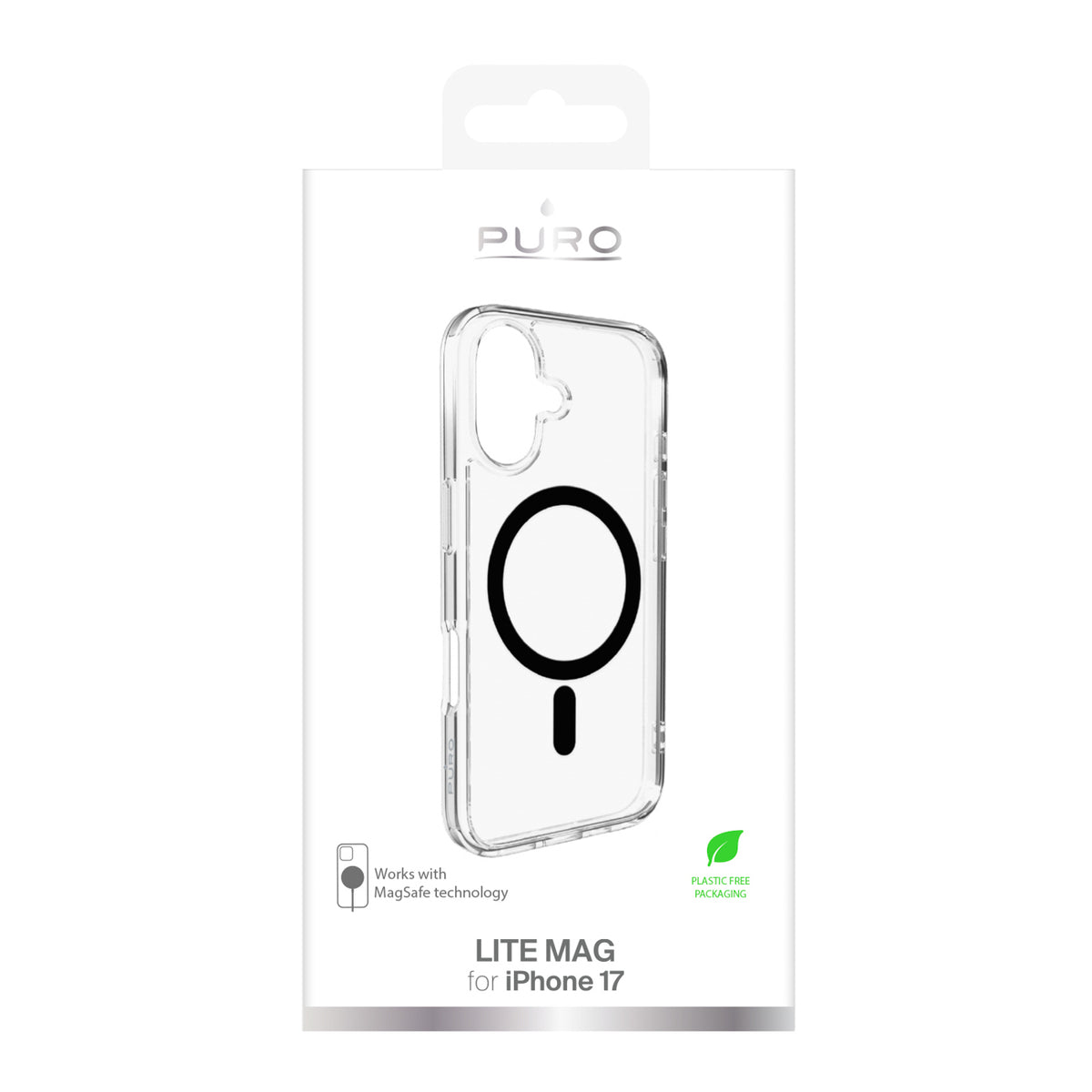 Puro Lite Mag TPU+PC Dėklas, suderinamas su MagSafe, skirtas iPhone 17 - Skaidrus su juodu žiedu