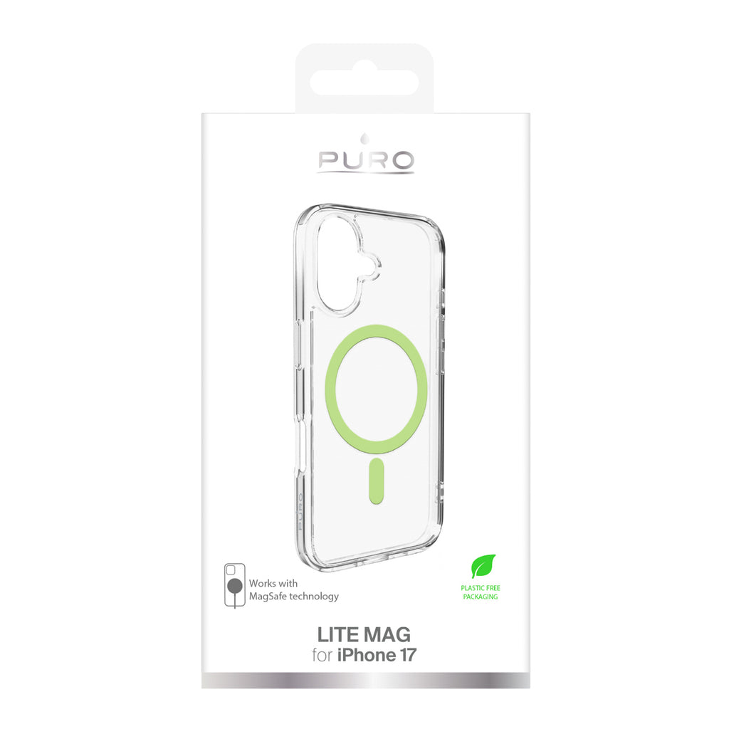 Puro Lite Mag TPU+PC dėklas, suderinamas su MagSafe, skirtas iPhone 17 - Transparent with Green Ring