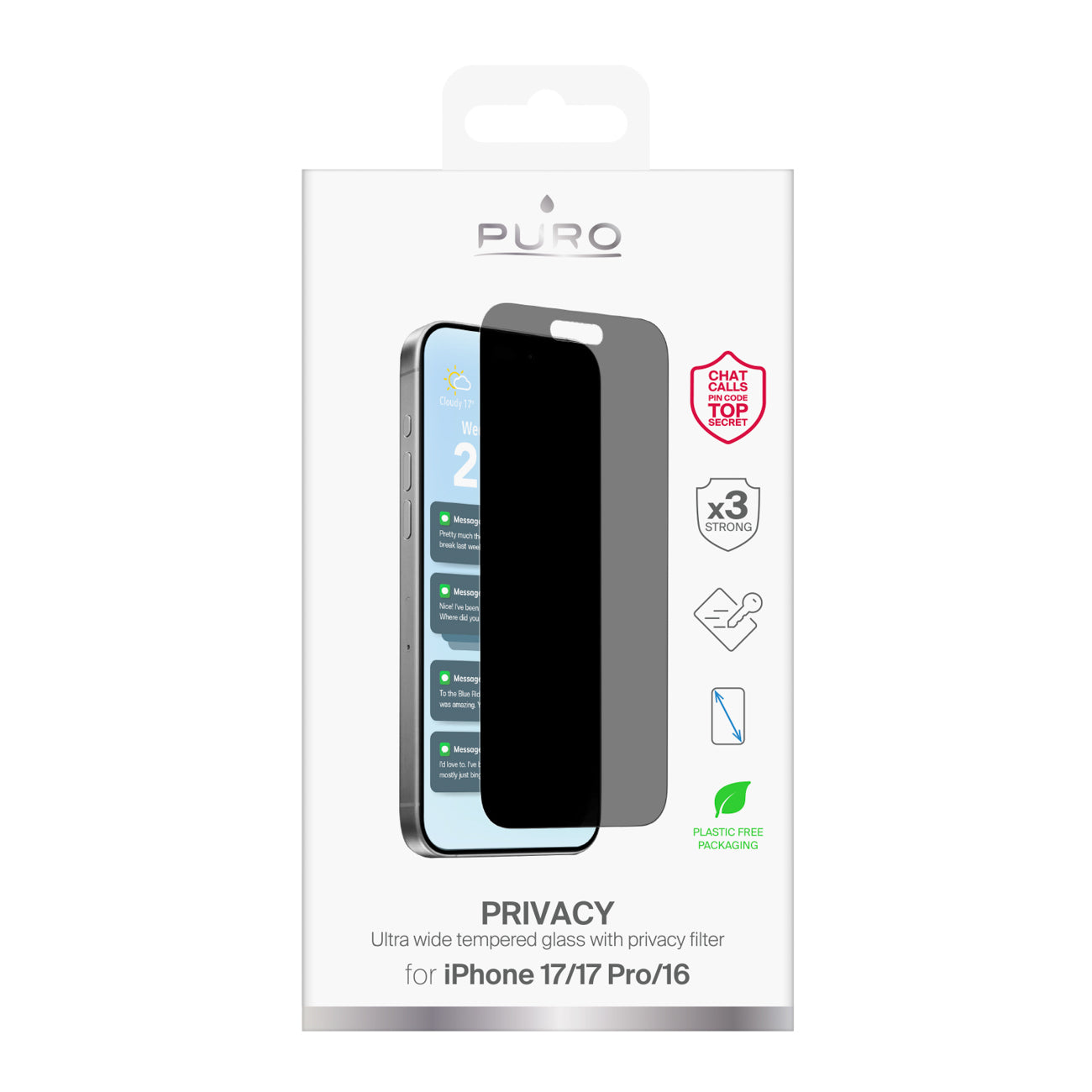 Puro Privacy grūdintas privatumo stiklas iPhone 17/17 Pro/16