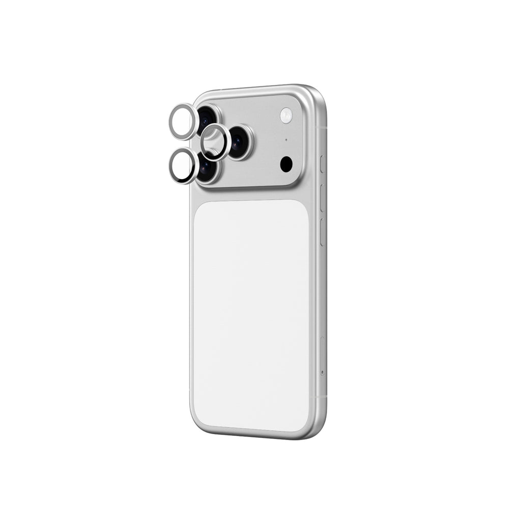 AmazingThing Objektyvo stiklas, skirtas iPhone 17 Pro / Pro Max su sidabriniu aliuminio rėmeliu -- Cell phone tempered glass
