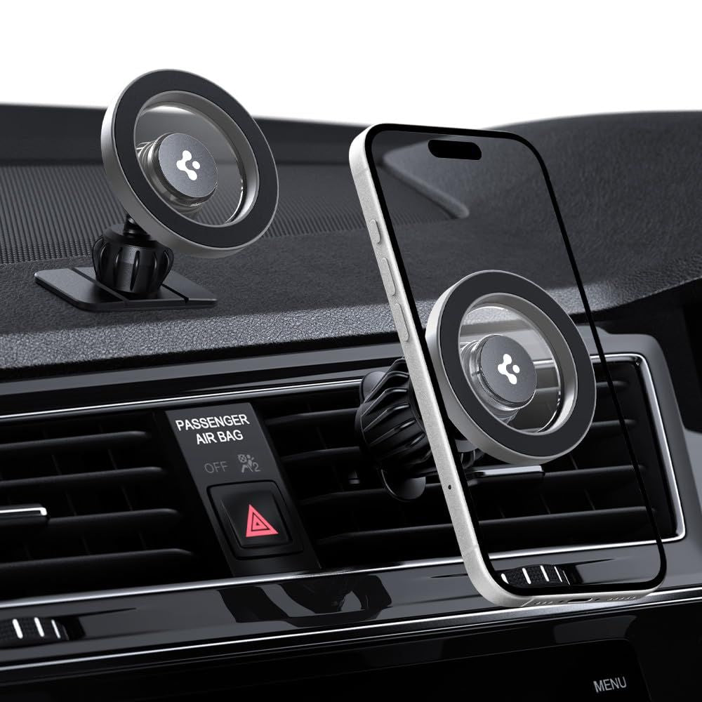 Spigen automobilinis laikiklis MFT13 su MagSafe prietaisų skydeliui arba ventiliacijos grotelėms - sidabrinis