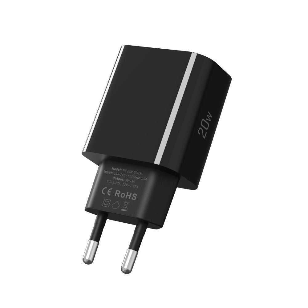 Tech-Protect NC20W USB-C 1-Port PD20W sieninis įkroviklis - juodas -- Cell phone chargers