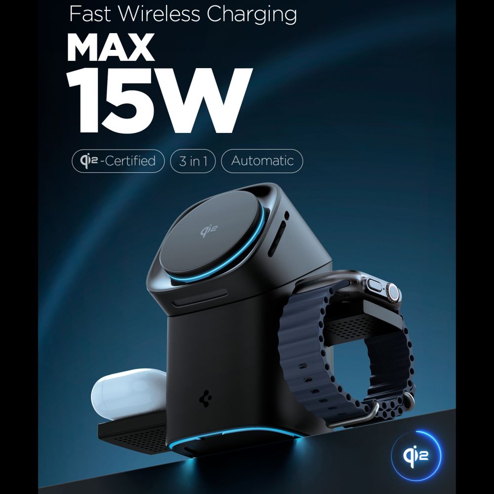 Spigen Essential EF223MS 3-in-1 QI2 belaidis įkroviklis - juodas -- Cell phone chargers