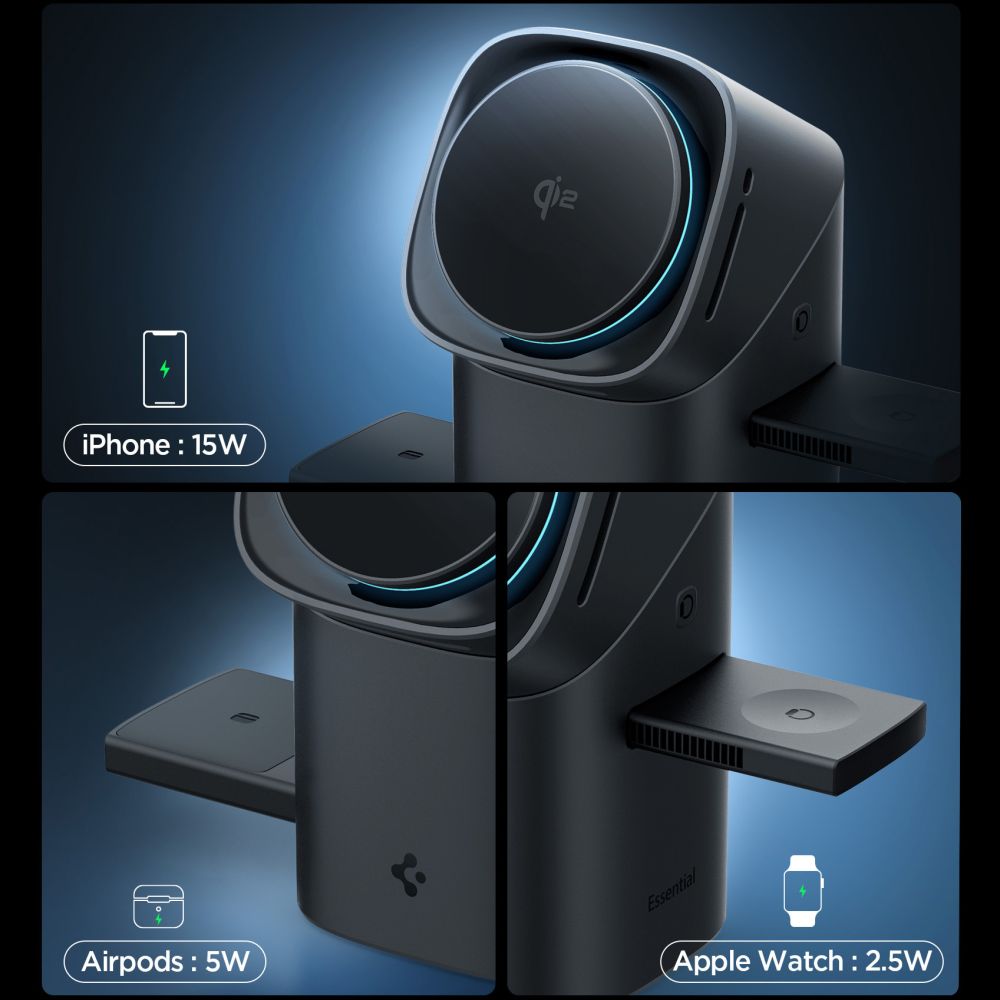 Spigen Essential EF223MS 3-in-1 QI2 belaidis įkroviklis - juodas -- Cell phone chargers