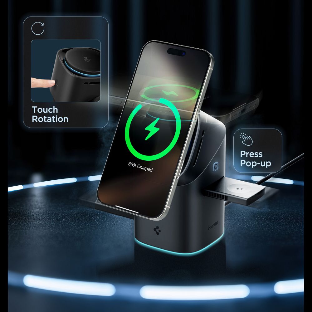 Spigen Essential EF223MS 3-in-1 QI2 belaidis įkroviklis - juodas -- Cell phone chargers