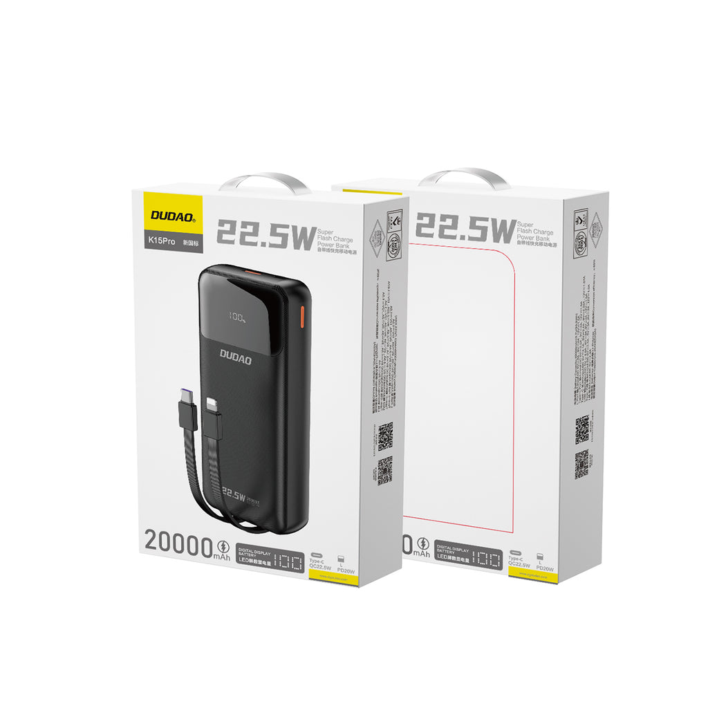 Dudao Išorinė baterija K15Pro 20000mAh 22.5W PD USB-C / USB-A / integruoti Lightning ir USB-C laidai - juodas