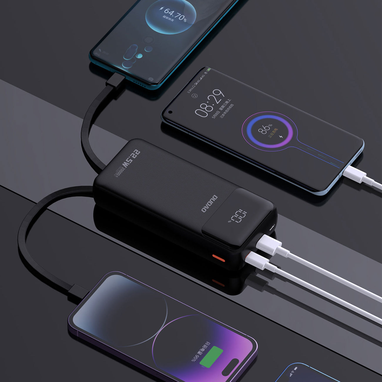 Dudao Išorinė baterija K15Pro 20000mAh 22.5W PD USB-C / USB-A / integruoti Lightning ir USB-C laidai - juodas