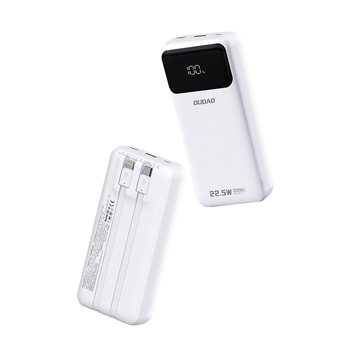 Dudao Išorinė baterija K15Pro 20000mAh 22.5W PD USB-C / USB-A / integruoti Lightning ir USB-C laidai - baltas