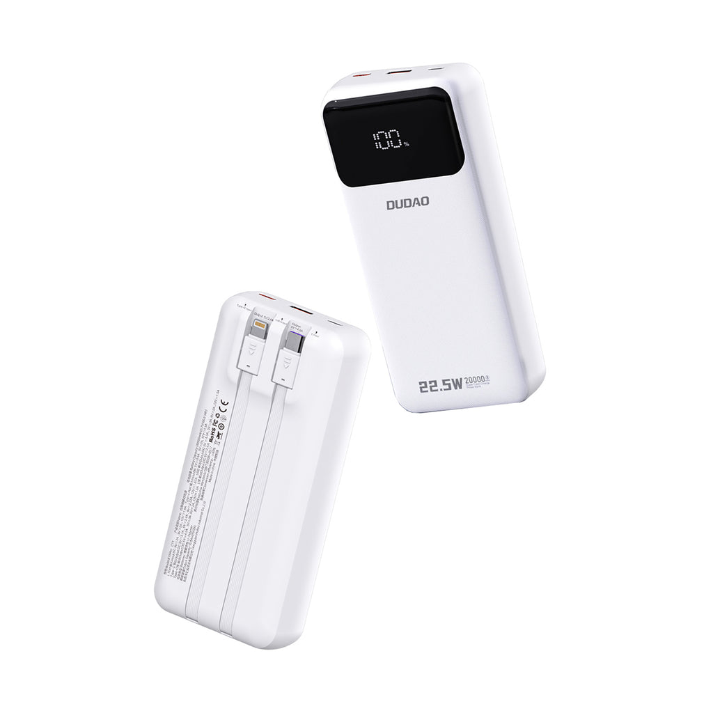 Dudao Išorinė baterija K15Pro 20000mAh 22.5W PD USB-C / USB-A / integruoti Lightning ir USB-C laidai - baltas