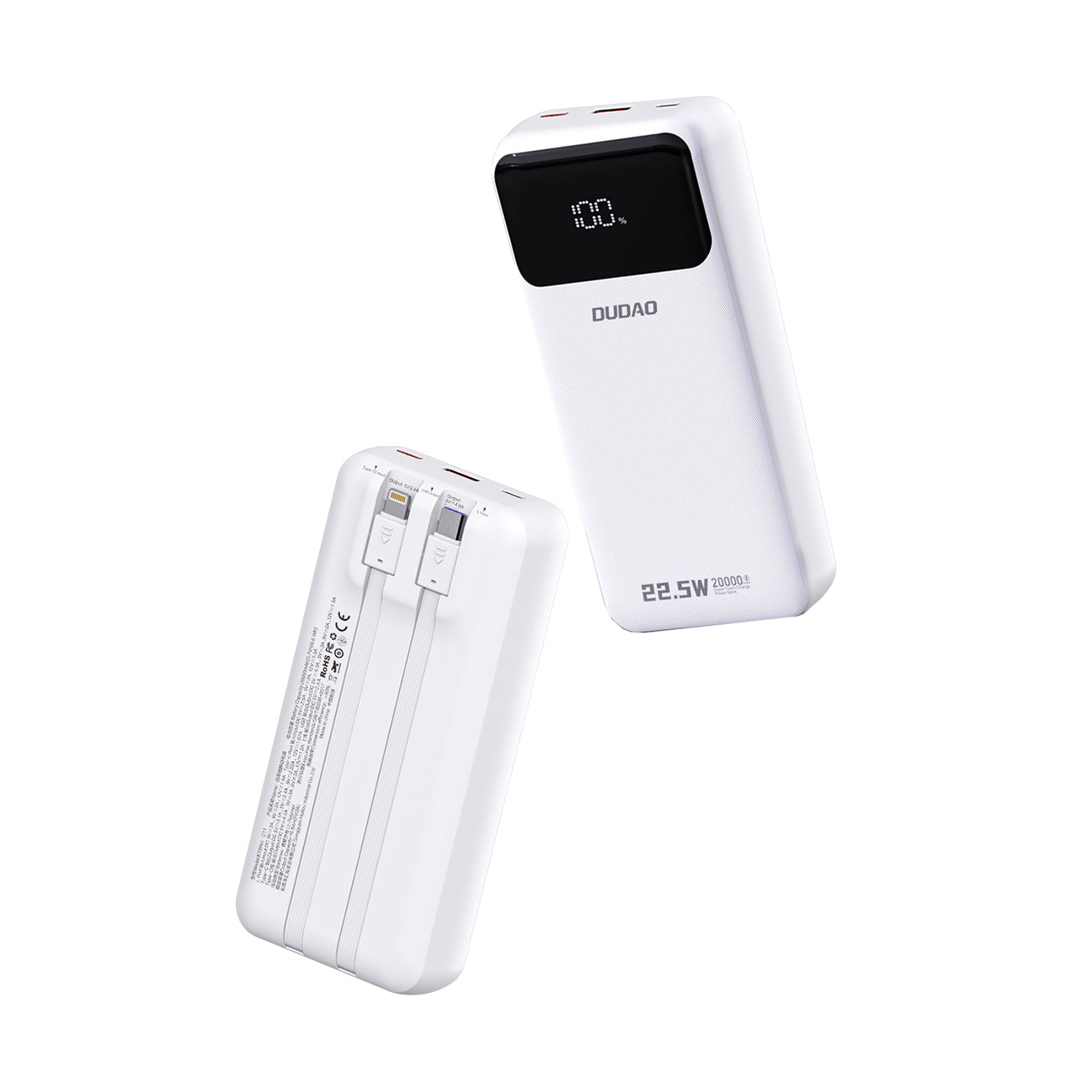 Dudao Išorinė baterija K15Pro 20000mAh 22.5W PD USB-C / USB-A / integruoti Lightning ir USB-C laidai - baltas
