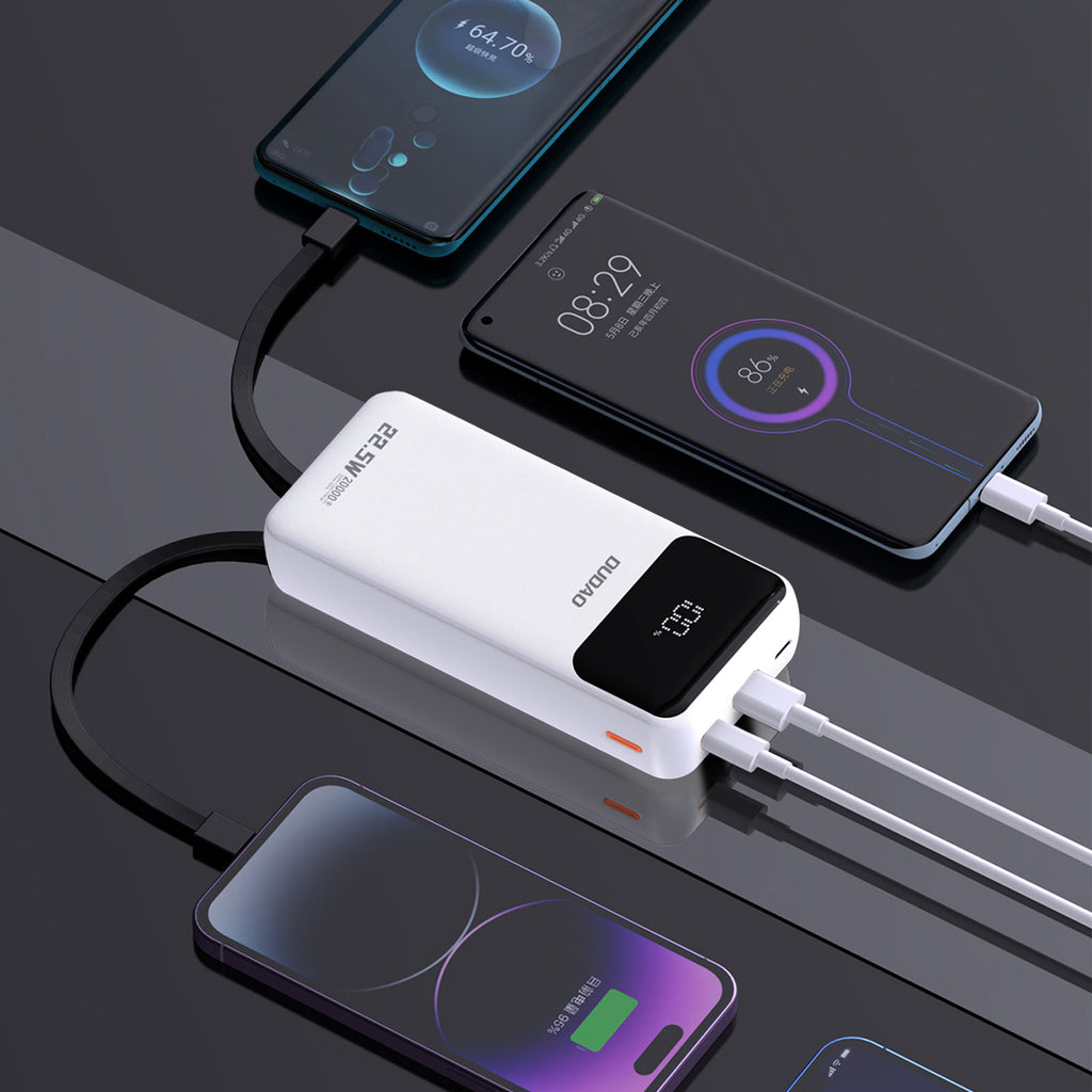 Dudao Išorinė baterija K15Pro 20000mAh 22.5W PD USB-C / USB-A / integruoti Lightning ir USB-C laidai - baltas