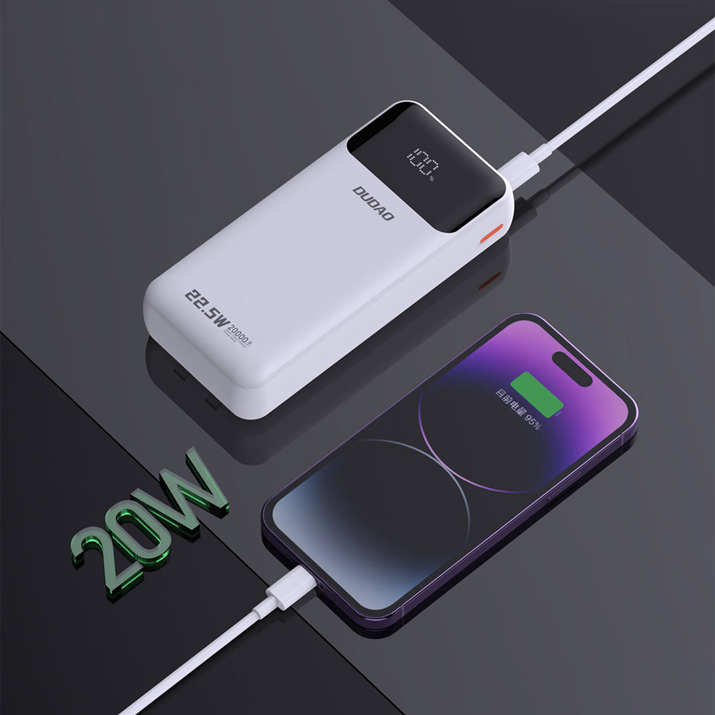 Dudao Išorinė baterija K15Pro 20000mAh 22.5W PD USB-C / USB-A / integruoti Lightning ir USB-C laidai - baltas