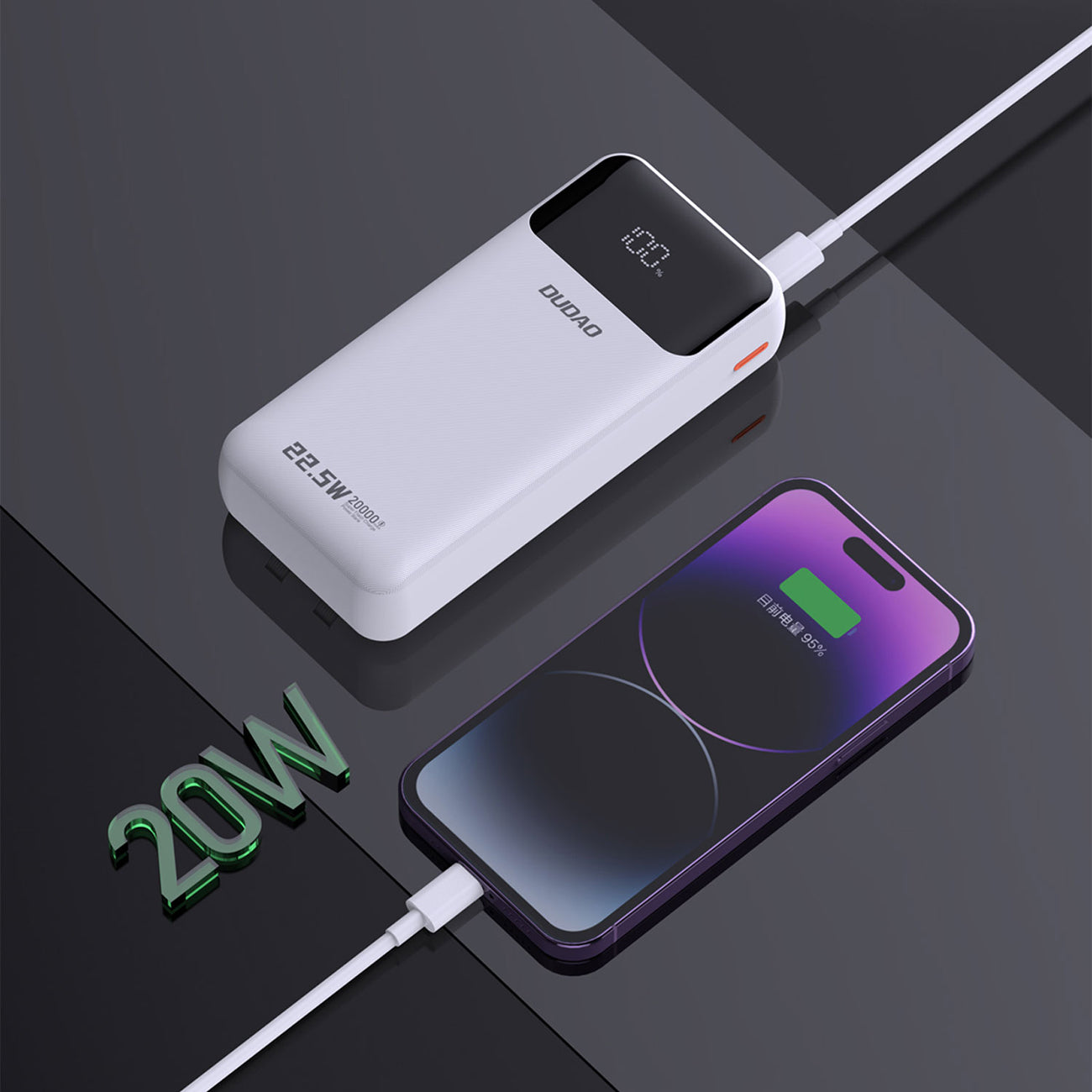 Dudao Išorinė baterija K15Pro 20000mAh 22.5W PD USB-C / USB-A / integruoti Lightning ir USB-C laidai - baltas