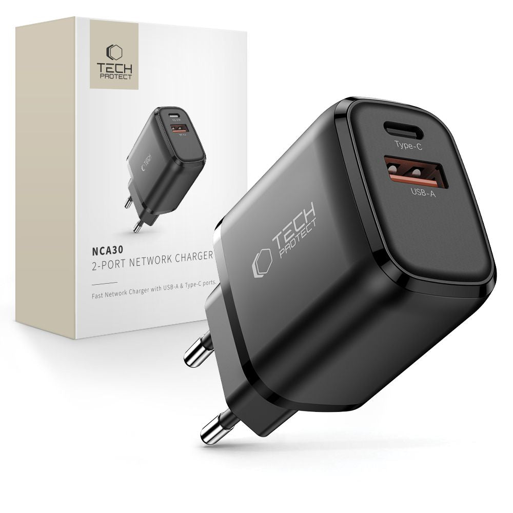 Tech-Protect NCA30 PD 30W / QC3.0 USB-A / USB-C sieninis įkroviklis - juodas -- Cell phone chargers