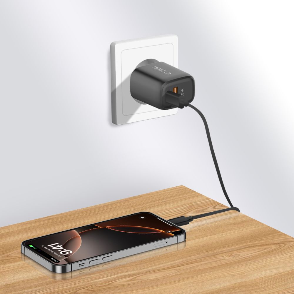 Tech-Protect NCA30 PD 30W / QC3.0 USB-A / USB-C sieninis įkroviklis - juodas -- Cell phone chargers