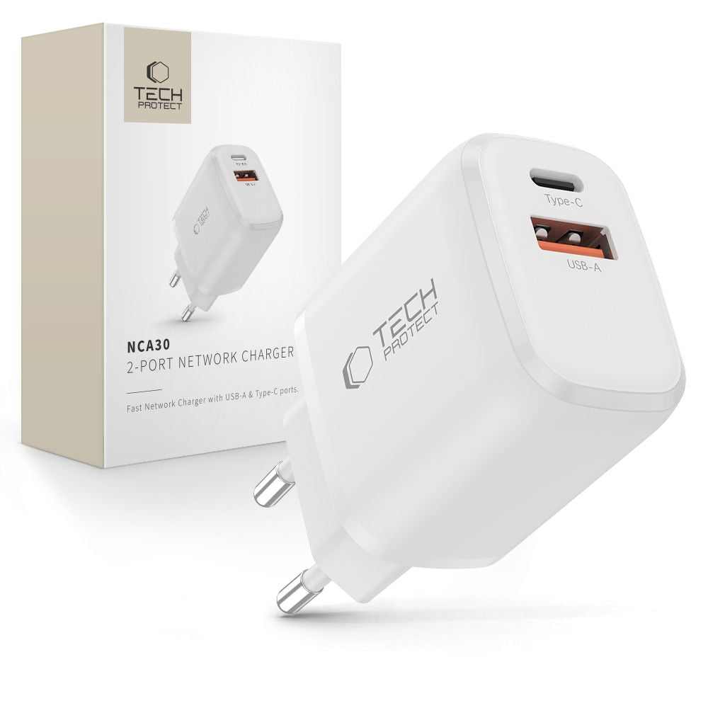 Tech-Protect NCA30 PD 30W QC3.0 USB-A / USB-C sieninis įkroviklis - baltas -- Cell phone chargers