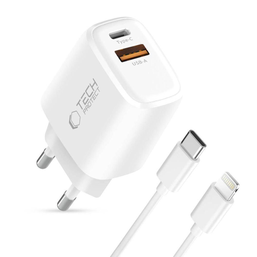 Tech-Protect NCA30 PD 30W QC3.0 USB-A / USB-C sieninis įkroviklis + USB-C / Lightning laidas 100cm - baltas -- Cell phone...