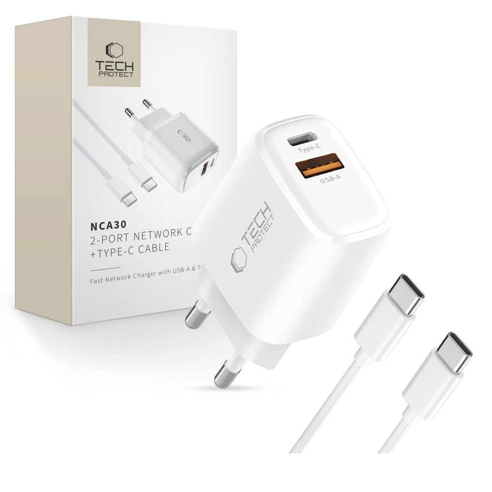 Tech-Protect NCA30 PD 30W QC3.0 USB-A / USB-C sieninis įkroviklis + USB-C / USB-C laidas 100cm - baltas -- Cell phone...
