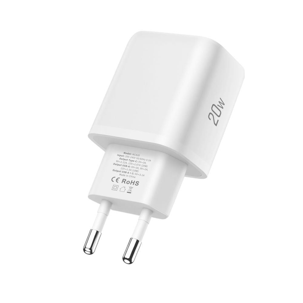 Tech-Protect NCA20 PD 20W QC3.0 USB-A / USB-C sieninis įkroviklis - baltas -- Cell phone chargers