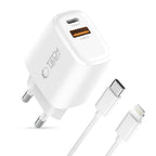Tech-Protect NCA20 PD 20W QC3.0 USB-A / USB-C sieninis įkroviklis + USB-C / Lightning laidas 100cm - baltas -- Cell phone...